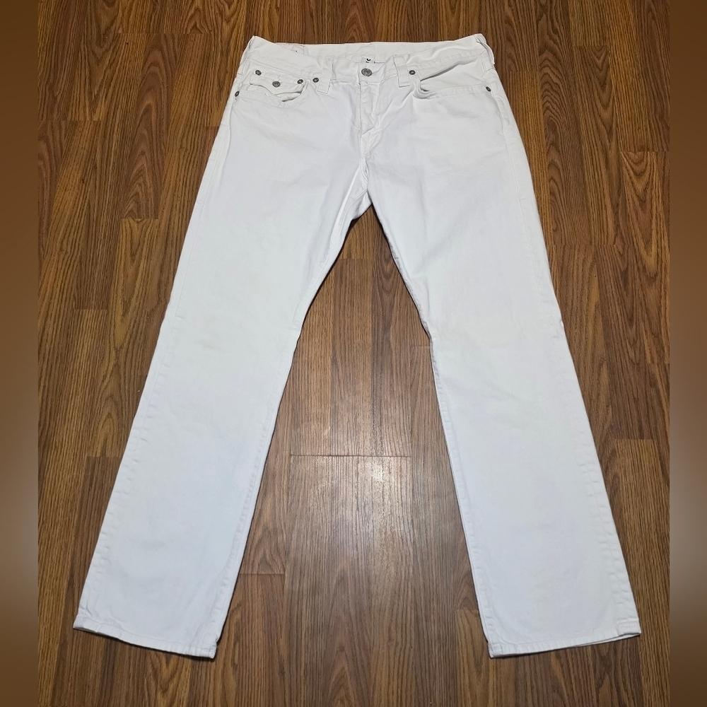True Religion Ricky Relaxed Straight Jeans Mens 36 White Denim Made in USA E92